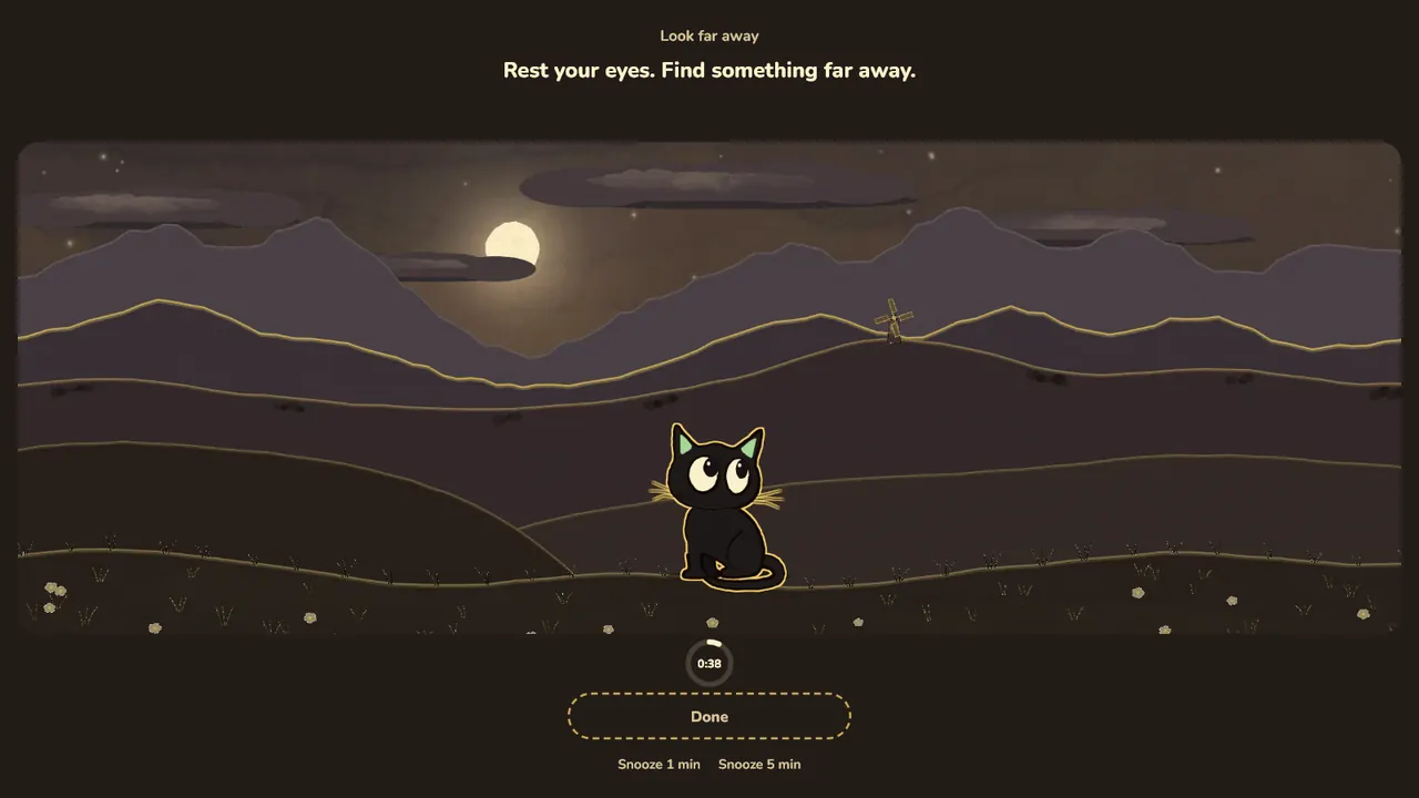 Full-screen far look in the Night theme: the same landscape at dusk.