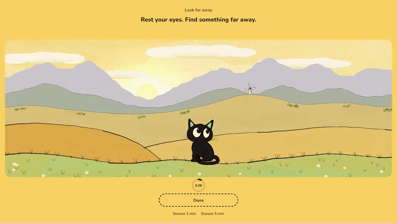 Full-screen far look on Windows: a painted landscape of mountains and hills, the cat looking toward a far windmill. 'Rest your eyes. Find something far away.'