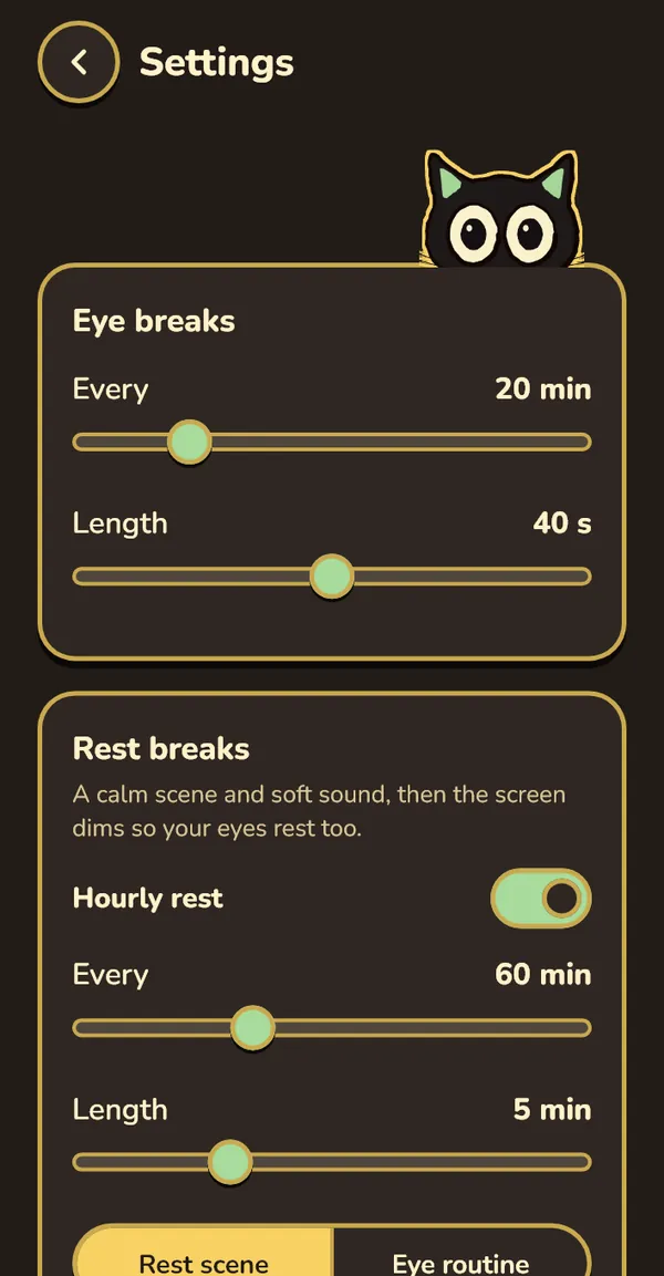 The top of the Settings screen in the Night theme.