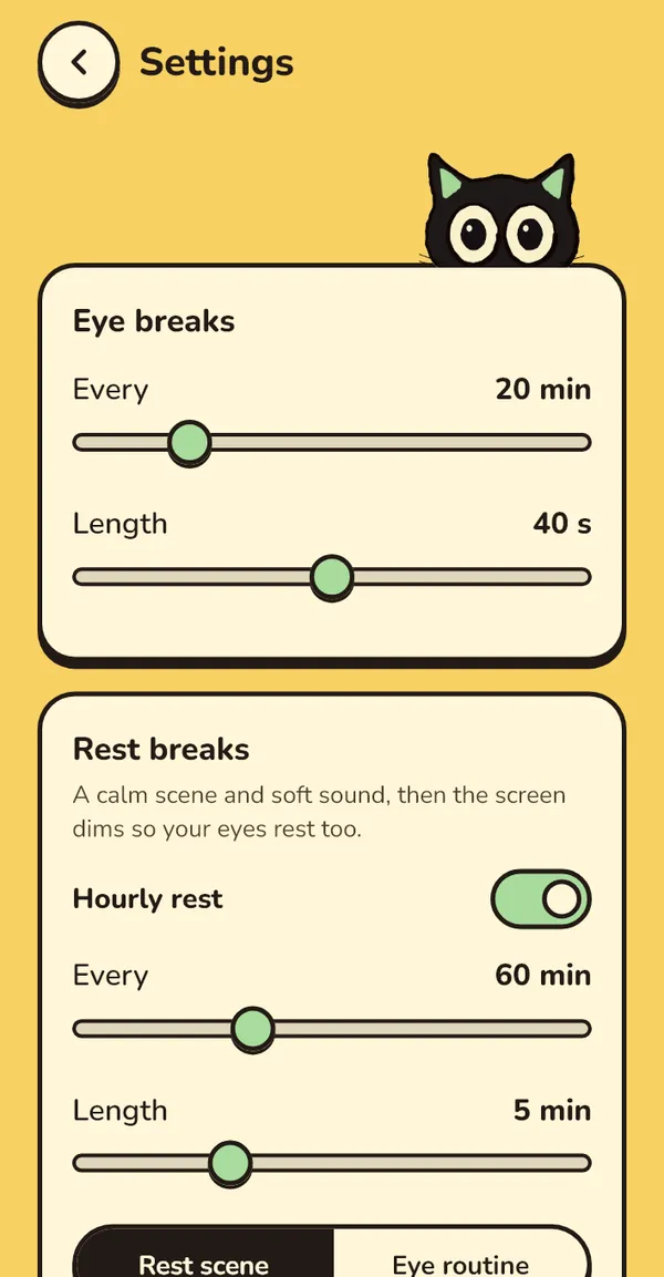 The top of the Settings screen on Windows: Eye breaks with Every and Length sliders, then the Rest breaks card.