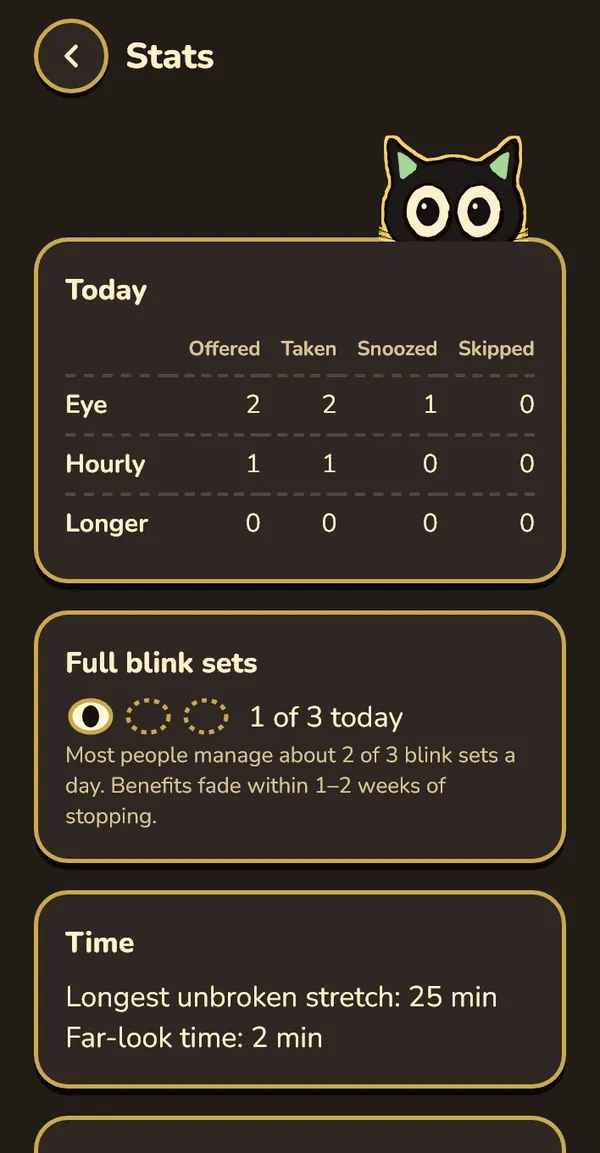 Stats screen in the Night theme.
