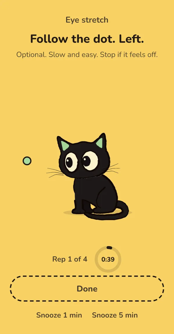 Eye stretch break: 'Follow the dot. Left.' The cat looks at a green dot on its left.